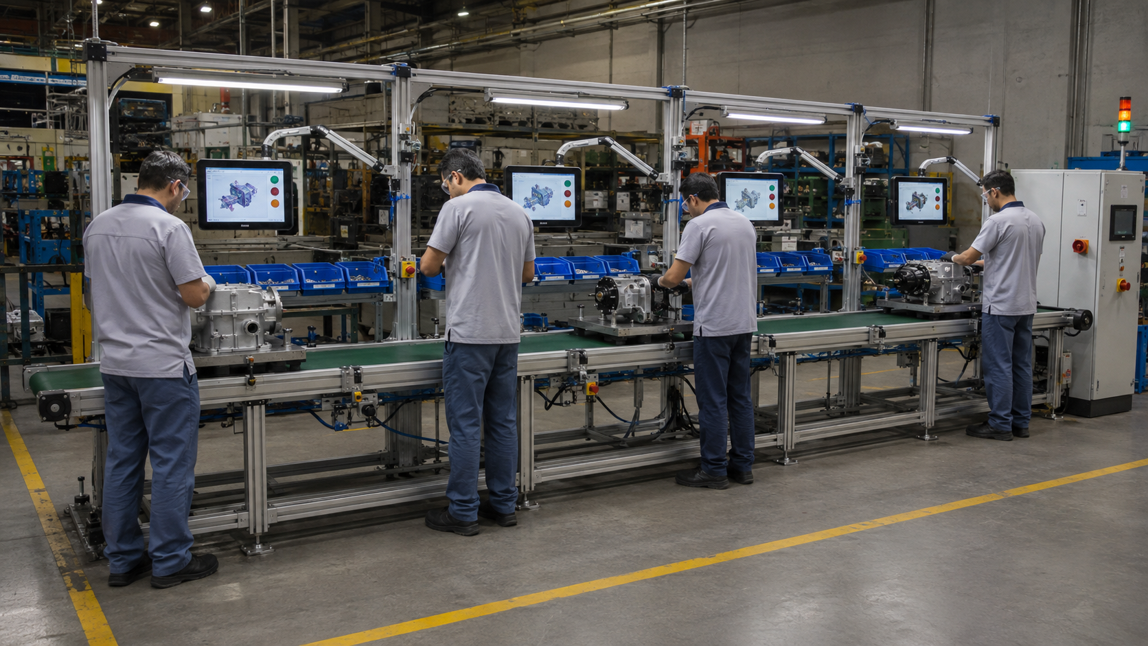 Linha de montagem automatizada com estações de trabalho